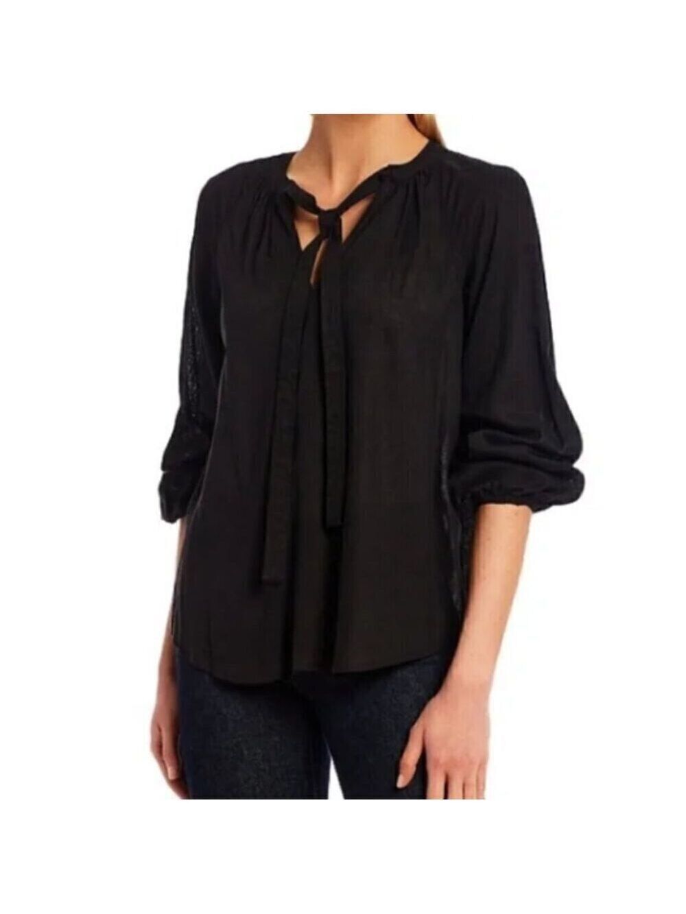 Antonio Melani Black Tavia Split Tie Linen Blend Blouse Sz L